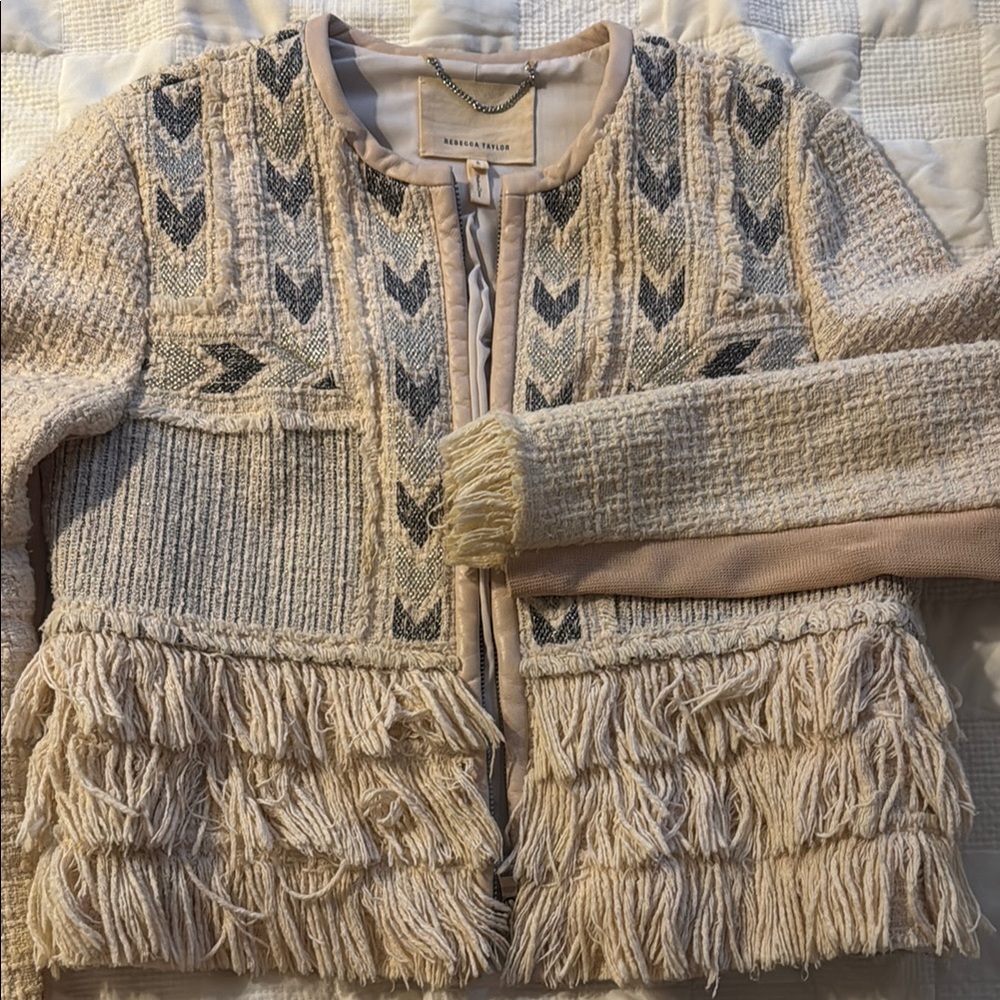 Rebecca Taylor Cream and Black Textured Blazer with Fringe